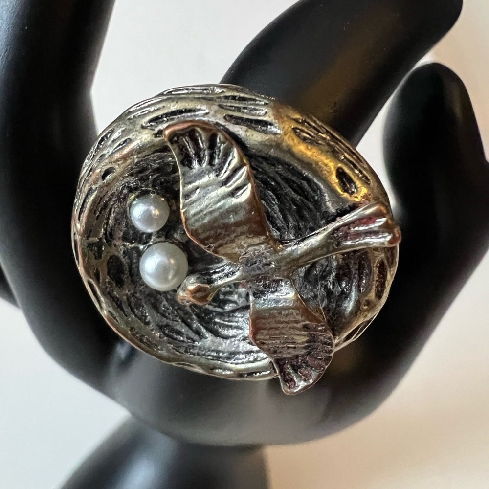 Bird on nest with Eggs Ring Tarnished Look